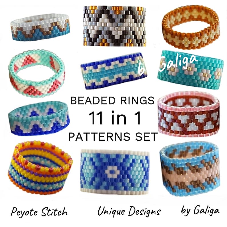 Peyote Rings Patterns For Beading Set of 11 Pattern Colorful Beaded Ring Beadwork Ring Jewelry pattern PDF Seed bead ring Digital Download image 3