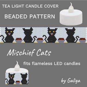 Könnte beinhalten: Auf grauem Hintergrund eine weiße Teelichtkerze und ein Perlenmuster. Der Text lautet "TEA LIGHT CANDLE COVER, BEADED PATTERN, Mischief Cats, fits flameless LED candles, by Galiga". Das Muster zeigt schwarze Katzen.