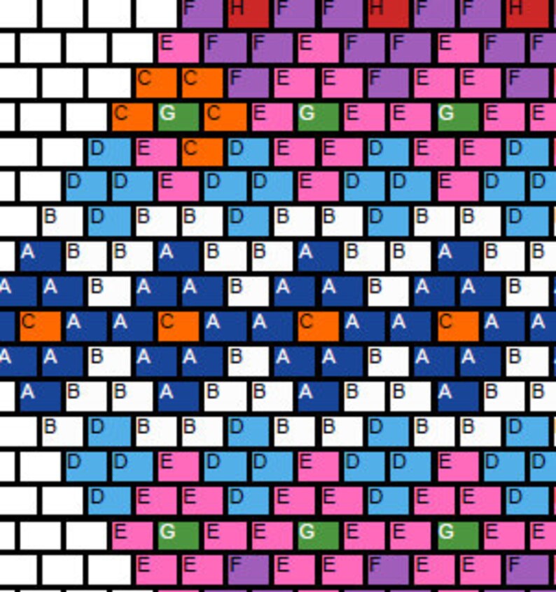 May include: A colorful pixel art design with a variety of colors, including blue, green, pink, orange, and red. The design is made up of small squares arranged in a pattern.