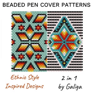 Peyote Pen Cover Patterns Ethnic Style Beaded Pen Wrap Huichol Inspired Pen Sleeve Floral Ornament DIY Pen Case Seed Bead Pattern Turquoise