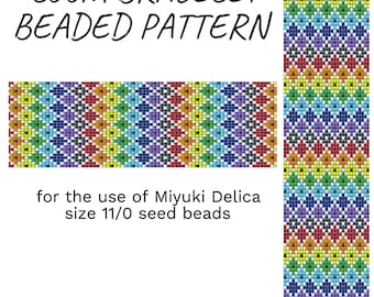 May include: A colourful beaded bracelet pattern for loom beading using size 11/0 seed beads. The pattern features a repeating diamond design with red, orange, yellow, green, blue, purple, and black beads. The text "LOOM BRACELET BEADED PATTERN" is at the top of the image. The text "for the use of Miyuki Delica size 11/0 seed beads" is in the middle of the image. The text "by Galiga" is at the bottom of the image.