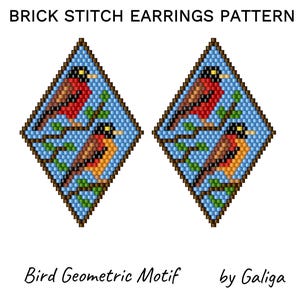 May include: A pattern for brick stitch earrings featuring a geometric bird design. The earrings are diamond-shaped with a blue background and a bird perched on a branch. The text "BRICK STITCH EARRINGS PATTERN" and "Bird Geometric Motif" are also visible.