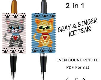 Cat Patterns Bead Pen Cover Pretty Kittens Beaded Pen Wrap DIY Cat Mom Design Beading Peyote Animal Seed Bead Crafts Digital Pattern Delica