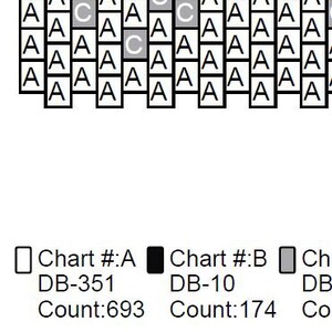May include: A detailed beadwork pattern chart with rows of letter "A" and "C" symbols. The chart includes the text "Chart #:A", "DB-351", and "Count:693". The pattern is for a beaded project.