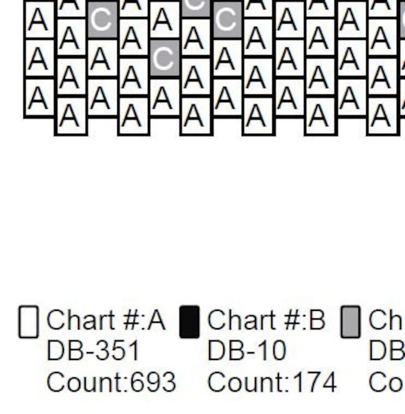 May include: A detailed beadwork pattern chart with rows of letter "A" and "C" symbols. The chart includes the text "Chart #:A", "DB-351", and "Count:693". The pattern is for a beaded project.