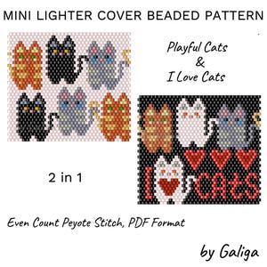 Op de afbeelding: Twee kralenpatronen voor een aanstekerhoes, een met speelse katten en de andere met de tekst "Ik hou van katten". Beide patronen zijn in even count peyote stitch en zijn beschikbaar in PDF-formaat.
