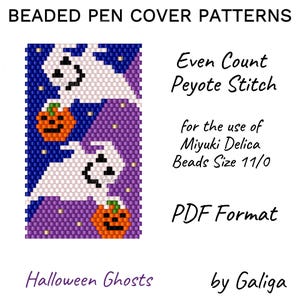 Op de afbeelding: Een digitaal patroon voor kralenpenhoezen. Het ontwerp heeft een Halloween-thema met geesten en pompoenen. Het patroon is gemaakt met Even Count Peyote Stitch en Miyuki Delica Beads maat 11/0. De tekst op de afbeelding luidt "Halloween Ghosts" en "PDF Format".