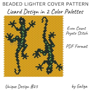 Puede incluir: Un patrón de diseño de lagarto con cuentas para una cubierta de encendedor. El patrón está en punto de peyote de conteo par y está disponible en dos paletas de colores. El diseño es único y es el número 23. El patrón está en formato PDF. La imagen muestra el diseño en negro y verde sobre un fondo amarillo.