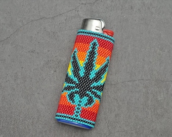 Hemp Leaf Lighter Pattern Turquoise and Native Colors Beaded Lighter Cover DIY Hippie Rasta Bead Lighter Sleeve One Love Lighter Case