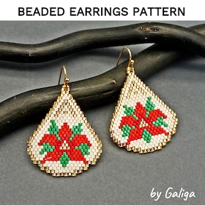 Christmas Flower Beaded earrings pattern, Poinsettia Beading pattern, Xmas Seed bead pattern, Jewelry pattern Drop earrings , brick stitch