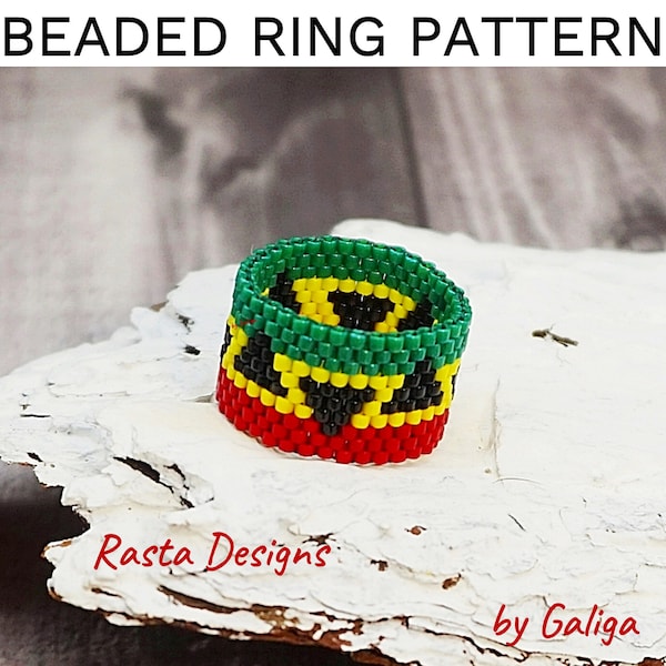 Peyote ring pattern for beading Rasta ring beaded patterns schema beadwork jewelry making Rastafarian Jewelry DIY seed bead crafts
