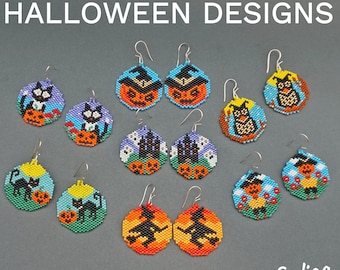 Halloween Patterns Beaded Earrings Designs DIY Spooky Pumpkin Witch Boo Ghost Bat Black Cat Dark Castle Beading Seed Bead Jewelry Making pdf