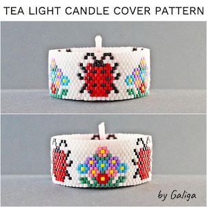 LADYBUG and FLOWERS Tea Light Holder Peyote Pattern Floral Beading Patterns Candle Holder Beaded Pattern Summer Nature Beadwork Tutorial