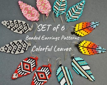 Leaf Beaded Earrings Patterns SET of 6 for Beading Jewelry Making DIY Seed Bead Designs Leaves Beadwork Digital Pattern Schema Brick Stitch