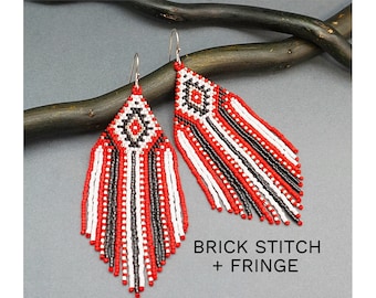May include: A pair of beaded fringe earrings with a geometric pattern in red, white, and black. The earrings are made with brick stitch and fringe. The text "BRICK STITCH + FRINGE by Galiga" is visible below the earrings.