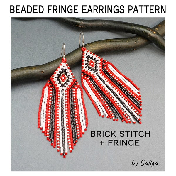 Ethnic Motives Bead Earrings Pattern Fringe Dangle Design DIY Jewelry Red Beaded Earrings Patterns Beading Schema Beadweaving Brick Stitch