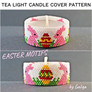 Puede incluir: Una cubierta de vela de té de cuentas rosa y blanca con un diseño de conejito y huevo de Pascua. La cubierta está hecha con cuentas pequeñas y presenta un huevo amarillo con detalles rojos, verdes y amarillos. El texto "EASTER MOTIFS" está escrito en rosa sobre un fondo blanco. El texto "by Galiga" está escrito en negro sobre un fondo blanco.