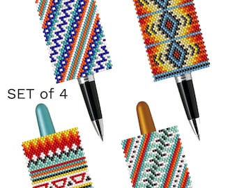 Perlenstickerei-Stifthüllen-Set im Ethno-Stil, Peyote-Perlenstickerei, geometrische Designs