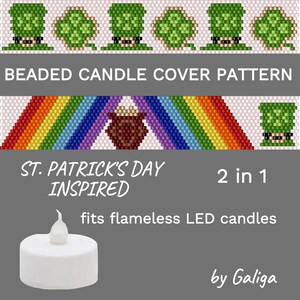 Mönster med pärlljusskydd för St Patricks Day, pysslinghatt, fröpärla, värmeljusstake, regnbågsljus, kruka med guld, pärlmönster