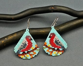 Red-breasted Bird Beaded earrings pattern Seed bead Schema Bird lover DIY Jewelry brick stitch pdf Beadwork Birds Beading for Delica Beads