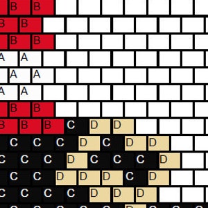 Op de afbeelding: Een close-up van een patroon bestaande uit rechthoekige blokken in verschillende kleuren. Het patroon bevat rode, zwarte, beige en witte blokken, met enkele blokken gemarkeerd met de letters A, B, C en D.