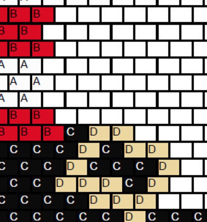 Op de afbeelding: Een close-up van een patroon bestaande uit rechthoekige blokken in verschillende kleuren. Het patroon bevat rode, zwarte, beige en witte blokken, met enkele blokken gemarkeerd met de letters A, B, C en D.