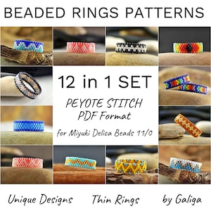 May include: Twelve beading patterns for thin rings in a PDF format. The patterns are for peyote stitch and use Miyuki Delica beads size 11/0. The patterns feature a variety of colours and designs.