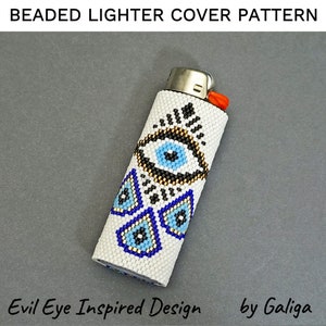 May include: A white beaded lighter cover with a blue and gold evil eye design. The cover is made with small beads and has a detailed pattern. "Evil Eye Inspired Design by Galiga" is written below the cover.