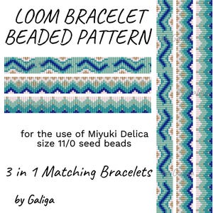 Puede incluir: Un patrón digital para pulseras de cuentas de telar. El patrón presenta tres diseños diferentes con cuentas azules, blancas y doradas. El patrón es para usar con cuentas de semillas Miyuki Delica tamaño 11/0. El texto "3 in 1 Matching Bracelets by Galiga" está incluido en la imagen.