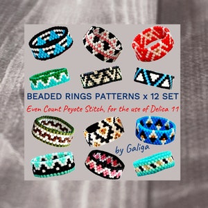 Puede incluir: Doce patrones de anillos de cuentas en una variedad de colores y diseños. Los patrones son para punto de peyote de conteo par y utilizan cuentas Delica 11. El texto "BEADED RINGS PATTERNS x 12 SET" y "Even Count Peyote Stitch, for the use of Delica 11" se muestra en la imagen. El texto "by Galiga" también se muestra en la imagen.