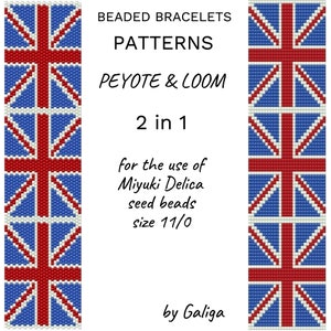 May include: A printable pattern for a beaded bracelet featuring the Union Jack flag. The pattern is for use with Miyuki Delica seed beads, size 11/0. The pattern is available in both peyote and loom styles.