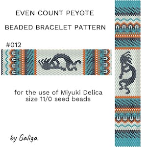 May include: A beaded bracelet pattern with a black and white design of a stylized figure. The pattern is for even count peyote stitch using size 11/0 seed beads. The pattern is labeled #012 and is for the use of Miyuki Delica beads. The pattern is by Galiga.