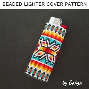 May include: A beaded lighter cover with a colorful geometric pattern. The cover features a design with red, orange, yellow, turquoise, and white beads. The text "BEADED LIGHTER COVER PATTERN" is at the top, and "by Galiga" is at the bottom.