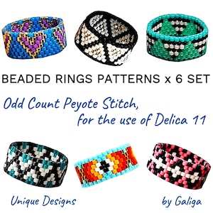 May include: Six beaded ring patterns in odd count peyote stitch for use with Delica 11 beads. The patterns include a variety of colors and designs, including hearts, geometric shapes, and stripes. "BEADED RINGS PATTERNS x 6 SET" and "Odd Count Peyote Stitch, for the use of Delica 11" are written in blue text at the top of the image. "Unique Designs" is written in blue text at the bottom left of the image. "by Galiga" is written in blue text at the bottom right of the image.