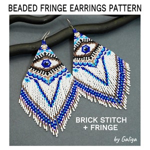 Beaded Earrings Pattern, Beading Pattern, Beaded Fringe Earrings Pattern EVIL EYE, Seed Bead Pattern, Brick Stitch Beadwork Jewelry Pattern