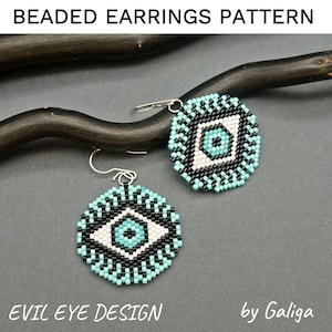 May include: A pair of beaded earrings with an evil eye design. The earrings are made with turquoise, black, and white beads. The earrings are hanging from silver hooks.