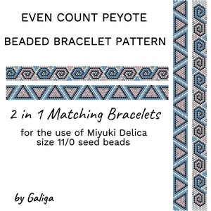 May include: A beaded bracelet pattern for two matching bracelets using even count peyote stitch. The pattern features a geometric design with blue, pink, and black beads. The text "EVEN COUNT PEYOTE BEADED BRACELET PATTERN" and "2 in 1 Matching Bracelets for the use of Miyuki Delica size 11/0 seed beads by Galiga" is included.