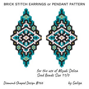 May include: Two diamond-shaped brick stitch earring or pendant patterns. The design features a geometric pattern in teal, black, white, and gold seed beads. The text reads "BRICK STITCH EARRINGS or PENDANT PATTERN" and "Diamond-Shaped Design #166".