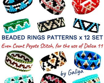 Even peyote rings patterns SET of 12 minimalist thin beaded ring beading patterns how to make jewelry diy beadwork seed bead delica rings