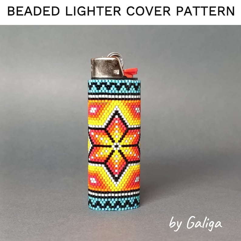 May include: A beaded lighter cover with a colorful geometric pattern. The cover is made with small, colorful beads and features a star-shaped design in shades of yellow, orange, red, and white. The cover is attached to a silver lighter.