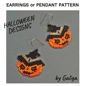 May include: A pair of Halloween earrings with a pumpkin design. The earrings are orange and black, with a witch's hat. The text "EARNINGS or PENDANT PATTERN" and "HALLOWEEN DESIGNS" are visible.