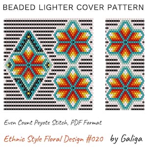 Puede incluir: Un patrón de cubierta de encendedor con cuentas con un diseño floral en tonos naranja, amarillo, turquesa y negro. El patrón está en punto de peyote de conteo par y está disponible en formato PDF. El diseño está etiquetado como "Ethnic Style Floral Design #020 by Galiga".