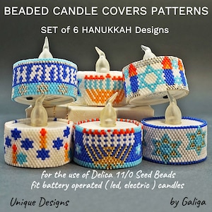 Hanukkah Candle Holder Patterns Beaded Tea Light Cover Designs DIY Candle Wrap Beading Patterns Jewish Holiday Seed Bead Menorah Tealight