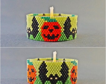 HALLOWEEN Tea Light Holder Peyote Pattern Pumpkin Beading Patterns Candle Holder Beaded Pattern Black Bat Beadwork Spooky Halloween Pattern