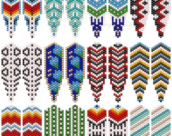 Perlenohrring-Anleitungspaket: Brick Stitch, Rocailles, langes Blatt, Boho-Stil, digitales PDF-Set mit 12 Anleitungen