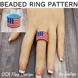 US Flag peyote ring pattern for beading American flag USA Bead ring beaded schema beadwork beadweaving jewelry making diy seed bead rings