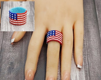 US Flag peyote ring pattern for beading American flag USA Bead ring beaded schema beadwork beadweaving jewelry making diy seed bead rings