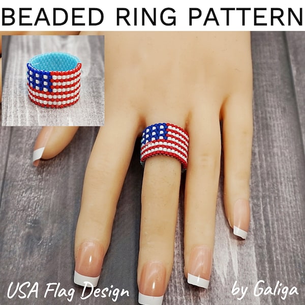 US Flag peyote ring pattern for beading American flag USA Bead ring beaded schema beadwork beadweaving jewelry making diy seed bead rings