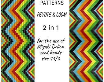 May include: A digital pattern for beaded bracelets using peyote and loom techniques. The pattern is for use with Miyuki Delica seed beads size 11/0. The pattern features a chevron design with black, red, yellow, green, blue, and orange beads.