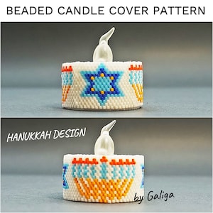 May include: A white beaded candle cover with a blue Star of David and orange and red accents. The candle cover is designed for a tea light candle. The text "HANUKKAH DESIGN" is visible in the image. The text "by Galiga" is also visible in the image.
